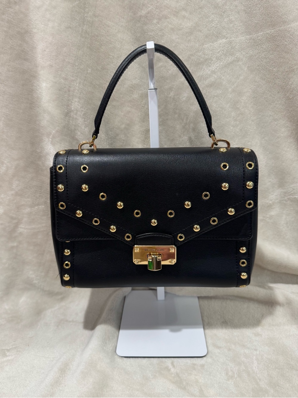 Michael Kors Black Kinsley Leather Studded Leather Satchel - Gold Hardware